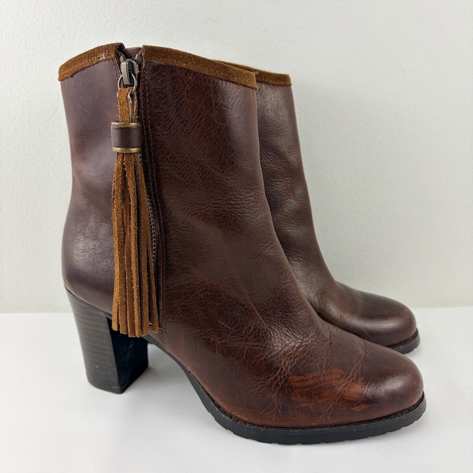 Lauren Ralph Lauren Women's Brown Leather Ankle Boots Tassel Zip Heel Us 7